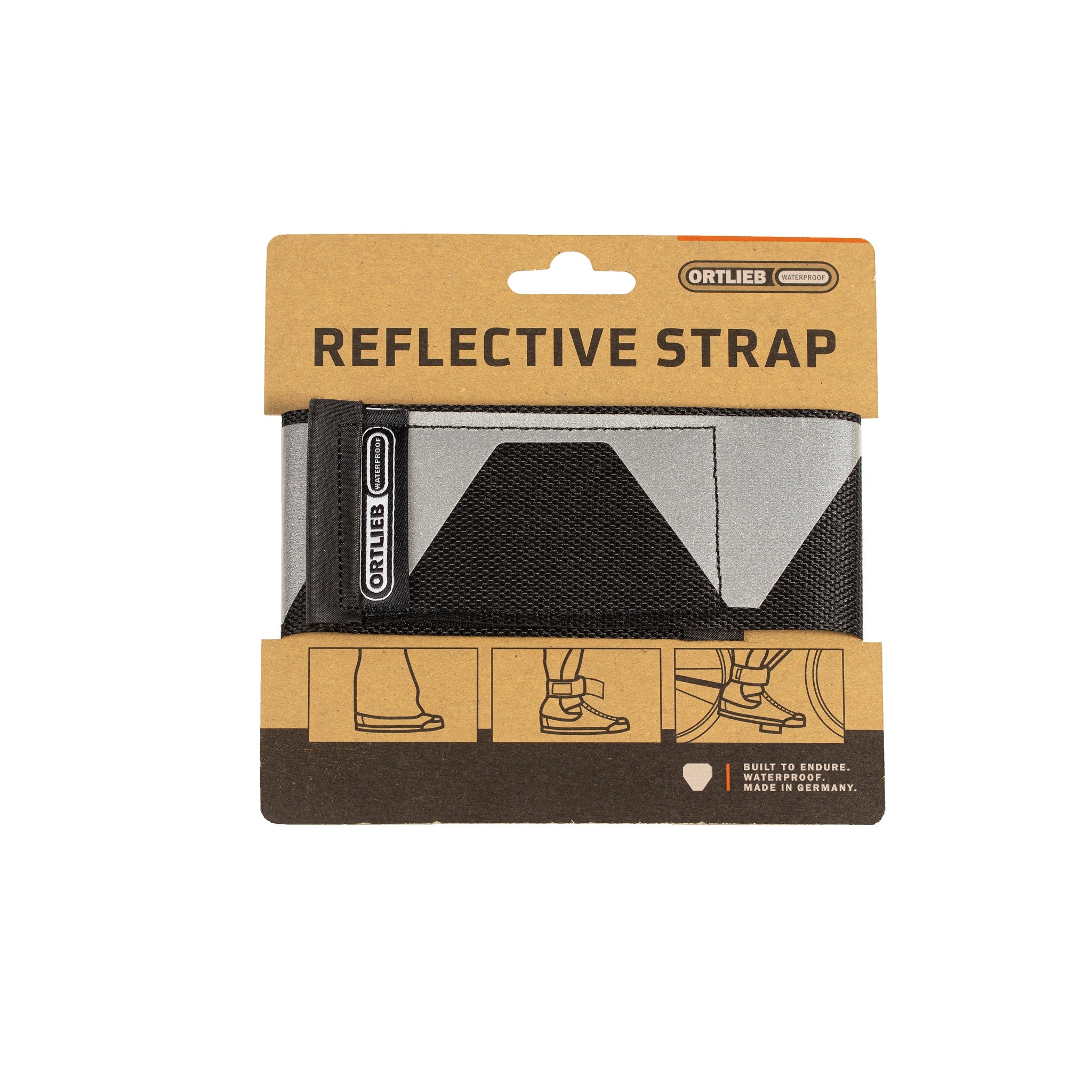 ORTLIEB Reflective Strap, handgefertigte reflektierende Hosenklammer aus Restmaterialien, Vorderseite der Verpackung