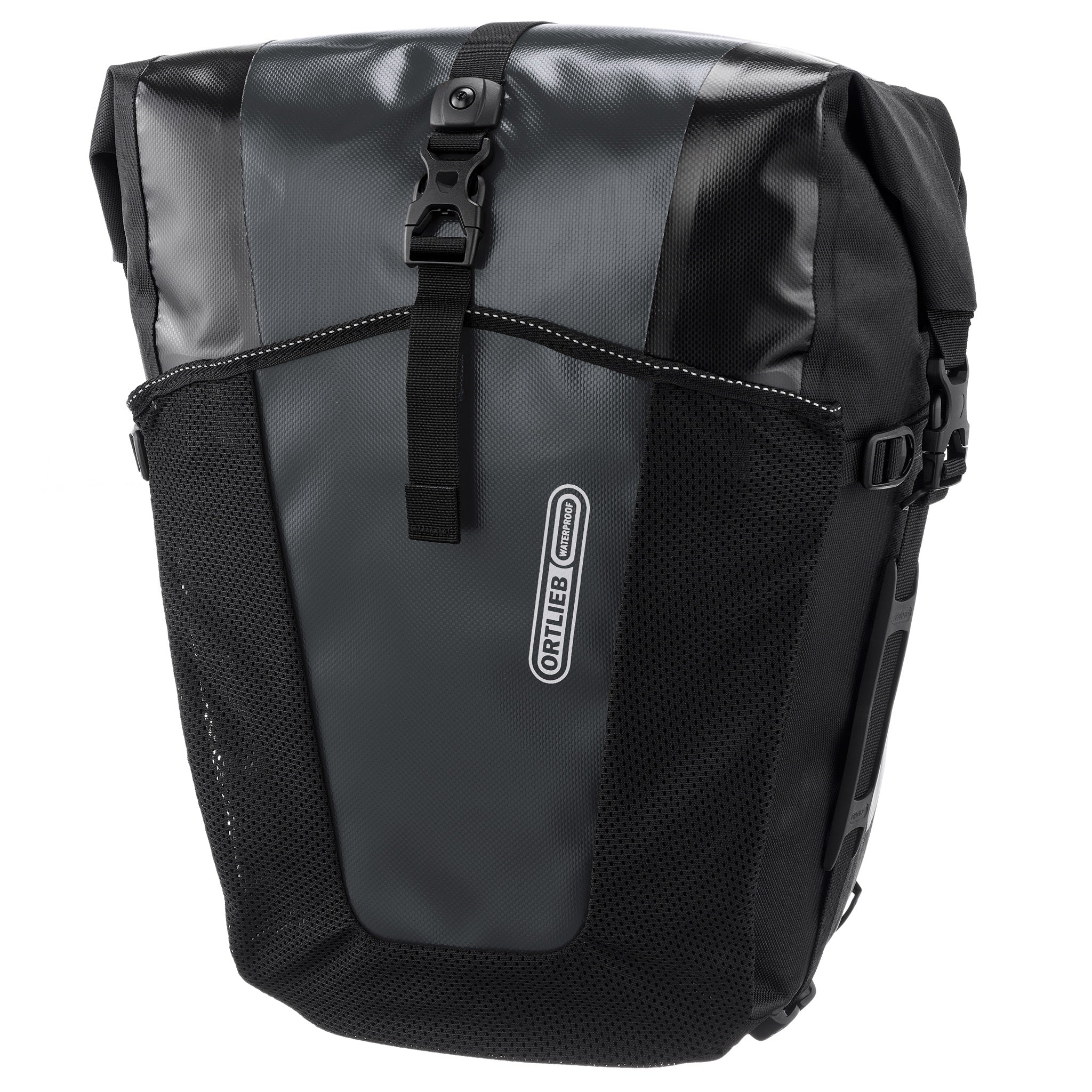 Vorderansicht der ORTLIEB Back-Roller XL QL2.2 in asphalt - black mit Rollverschluss und Netzaußentasche