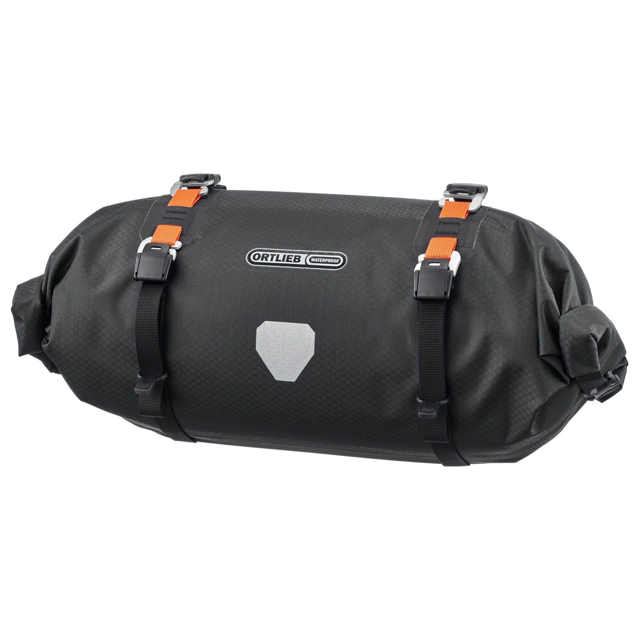Frontansicht des ORTLIEB Handlebar-Pack Flex in black-matt mit reflektierendem Logo und Kompressionsriemen