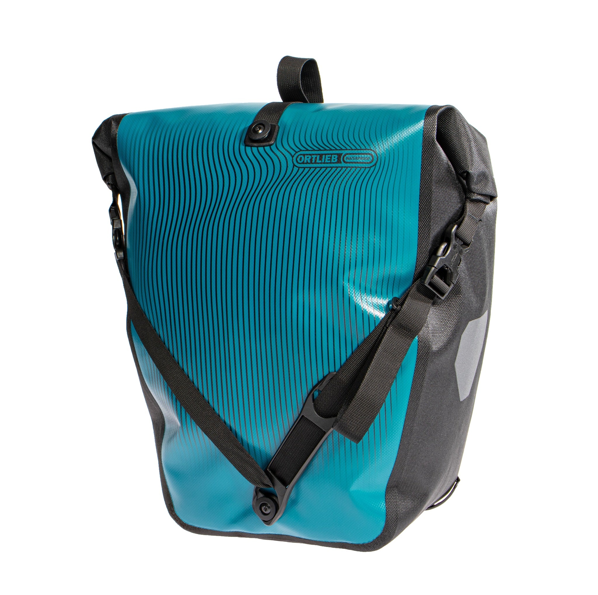 vorderansicht der ORTLIEB Back-Roller Design tasche in petrolblau mit grafischem streifenmuster