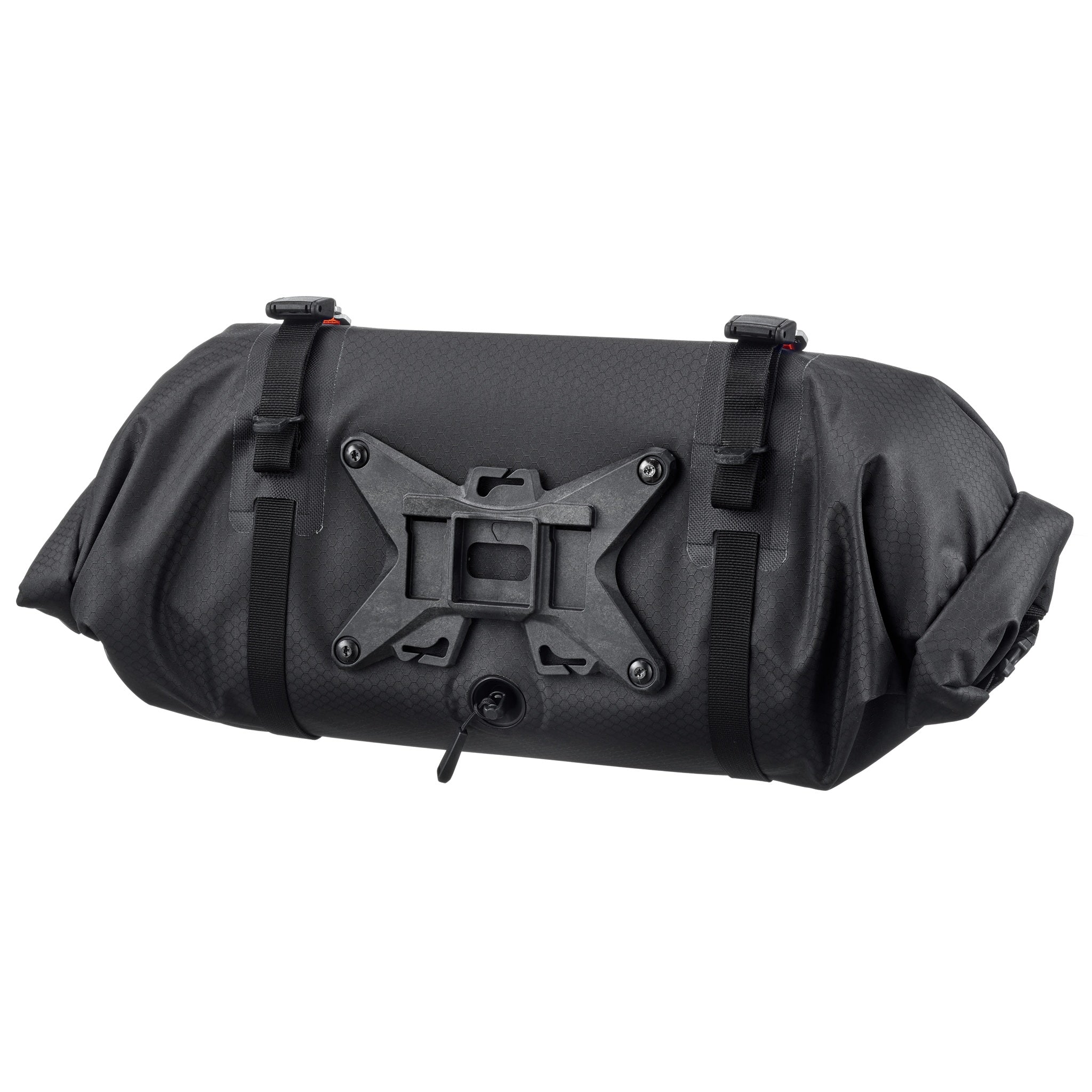 Rückansicht des ORTLIEB Handlebar-Pack Flex in black-matt mit Kunststoffversteifung und Halterung