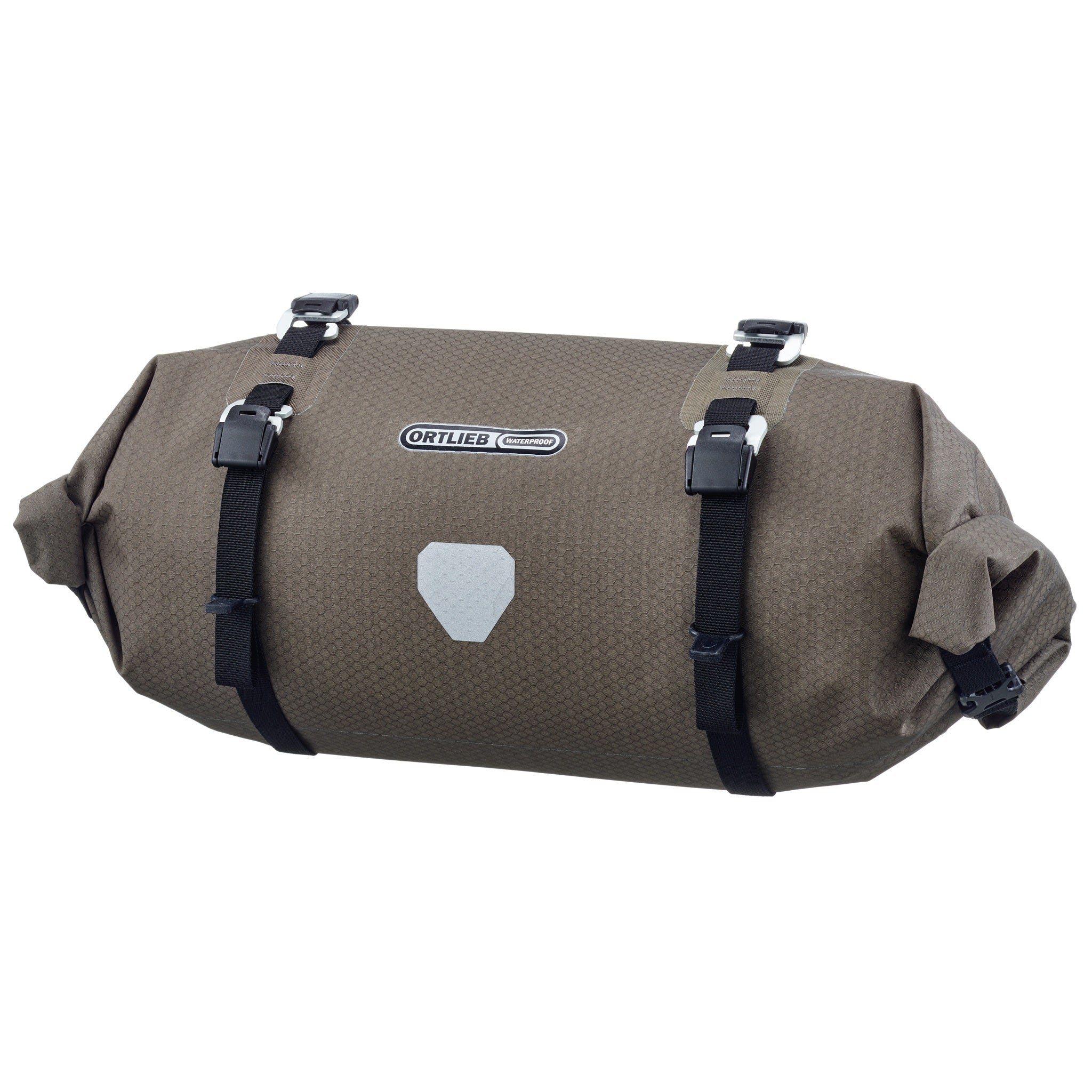 Frontansicht des ORTLIEB Handlebar-Pack Flex in dark-sand mit reflektierendem Logo und Kompressionsriemen