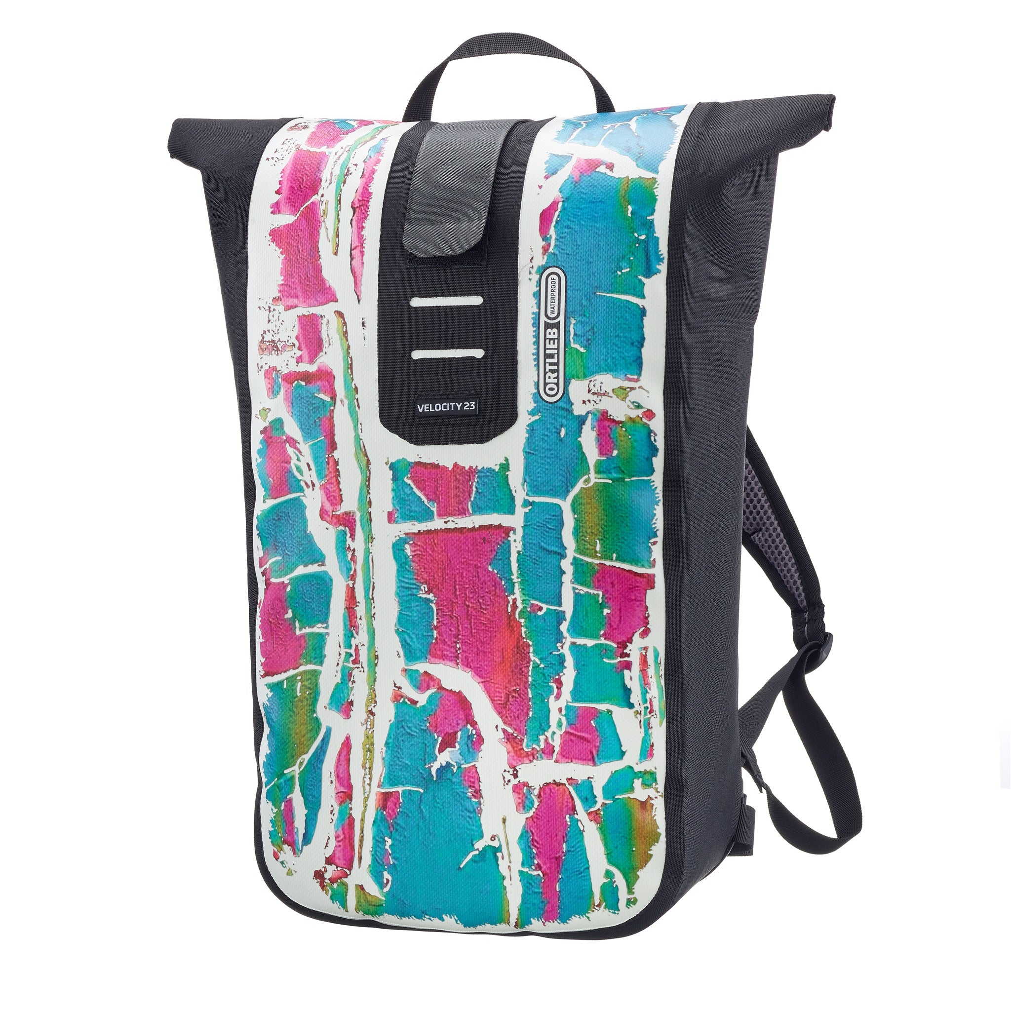 ORTLIEB Velocity Design Rucksack mit abstraktem pink-türkis-weißem Muster auf schwarzem Hintergrund