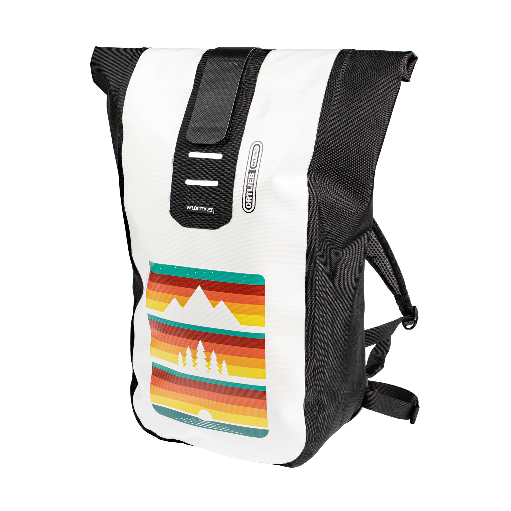 ORTLIEB Velocity Design Rucksack in weiß-schwarz mit farbigem Berg- und Baumdesign auf der Frontseite